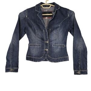 Maurices Jacket Womens Small Denim Jean Blazer Blue Stretch V-Neck Lapel